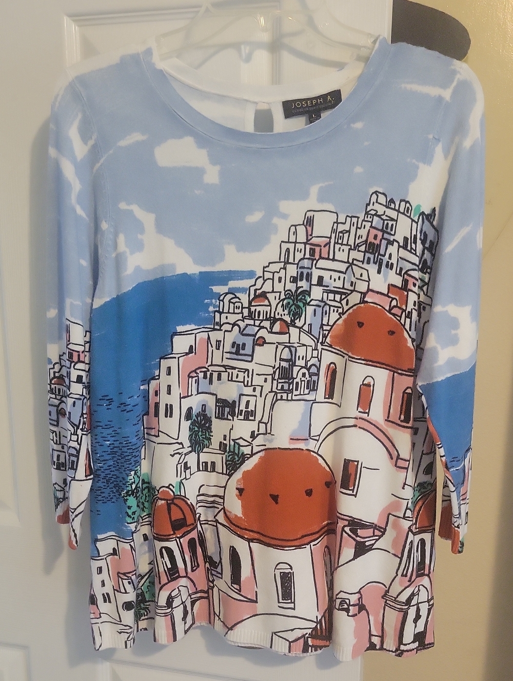 Joseph A. SzLg Light Blue Scenic Long Sleeve Sweater Orange and Pink Accents